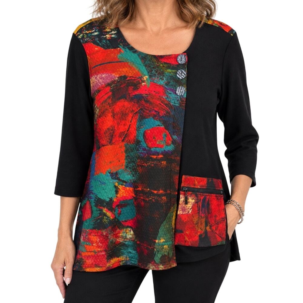 Ali Miles Sz PXL Petite Black Red Wearable Art Blouse Shirt Top Christmas Fall